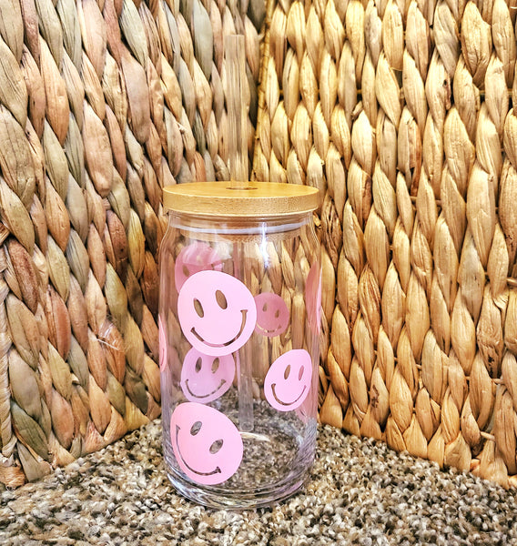 Pink Smiley Happy Face Beer Can Glass