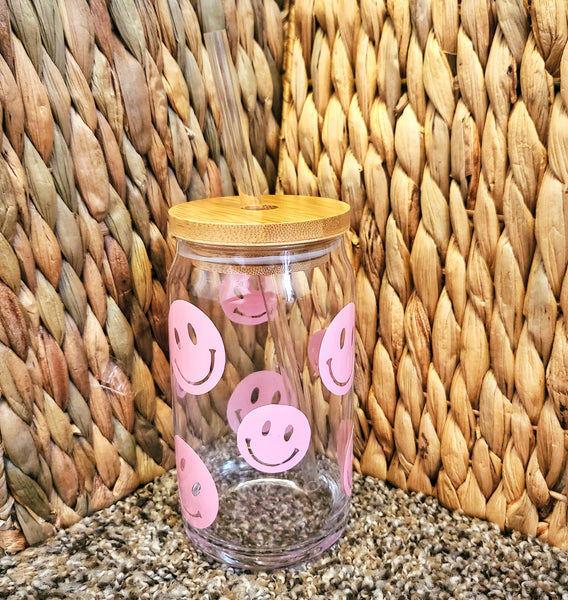 Pink Smiley Happy Face Beer Can Glass