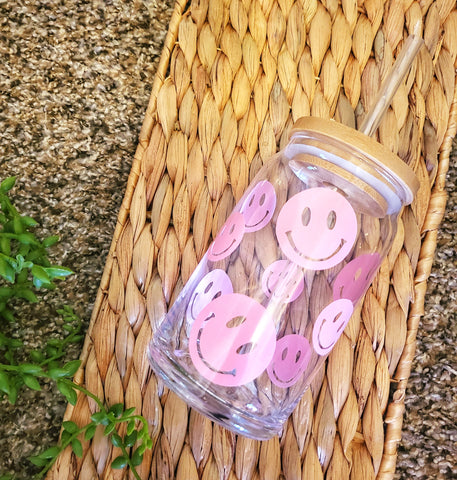 Pink Smiley Happy Face Beer Can Glass