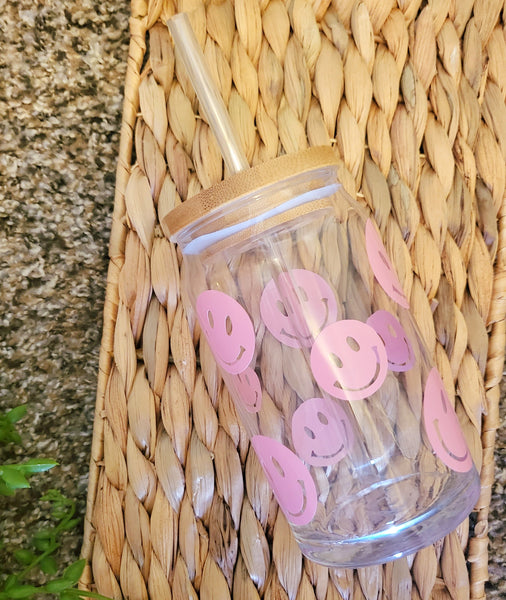 Pink Smiley Happy Face Beer Can Glass