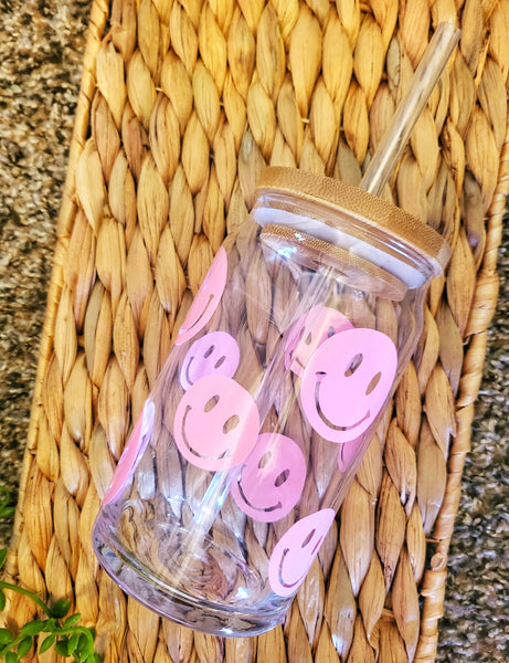 Pink Smiley Happy Face Beer Can Glass