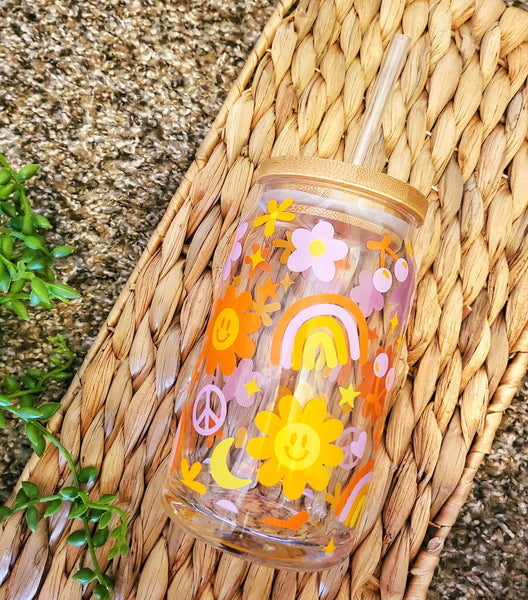 Retro Groovy Smiley Flowers Hippie Rainbow Beer Can Glass