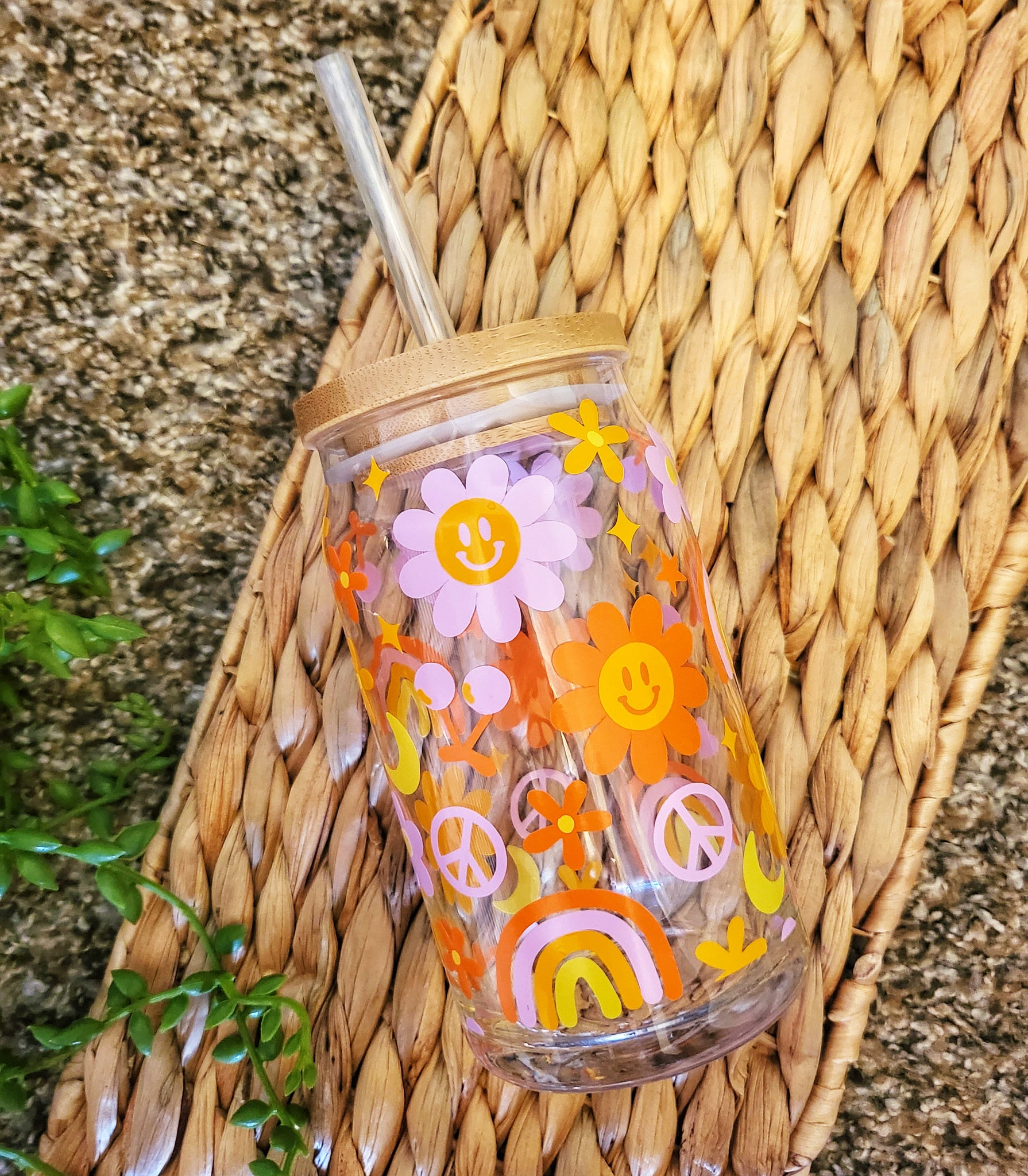 Retro Groovy Smiley Flowers Hippie Rainbow Beer Can Glass