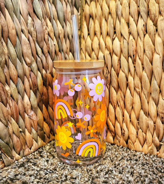 Retro Groovy Smiley Flowers Hippie Rainbow Beer Can Glass