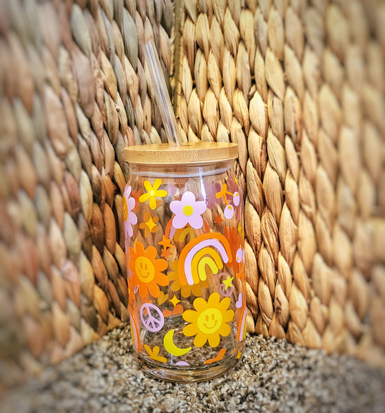 Retro Groovy Smiley Flowers Hippie Rainbow Beer Can Glass