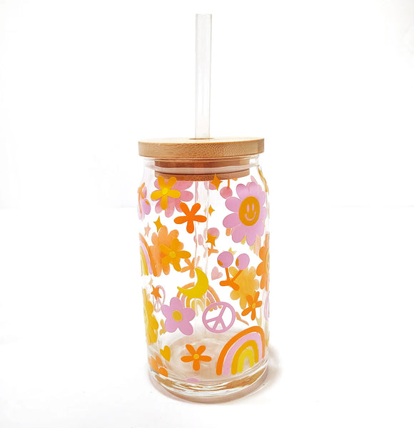 Retro Groovy Smiley Flowers Hippie Rainbow Beer Can Glass