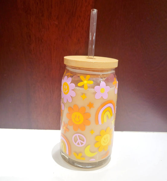 Retro Groovy Smiley Flowers Hippie Rainbow Beer Can Glass