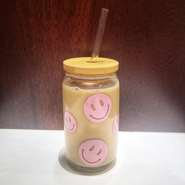Pink Smiley Happy Face Beer Can Glass
