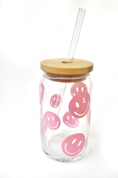 Pink Smiley Happy Face Beer Can Glass