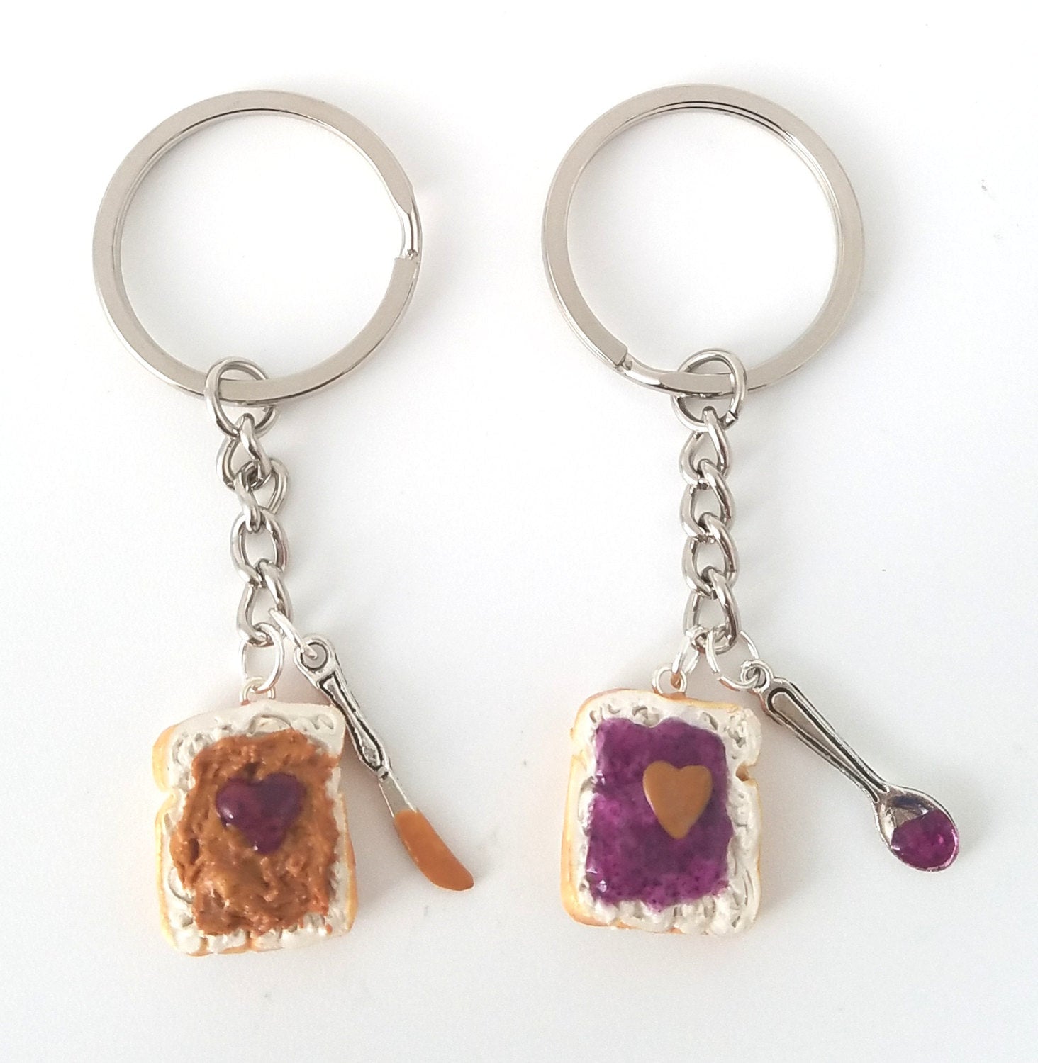 Peanut Butter Grape Jelly Heart Keychain Set, knife and spoon, Friend BFF keychain