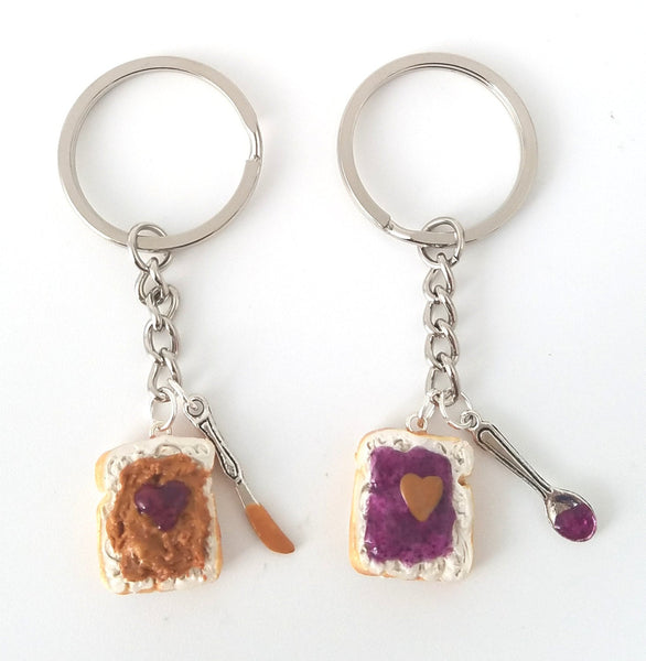 Peanut Butter Grape Jelly Heart Keychain Set, knife and spoon, Friend BFF keychain