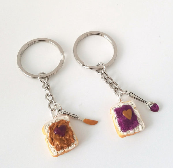 Peanut Butter Grape Jelly Heart Keychain Set, knife and spoon, Friend BFF keychain