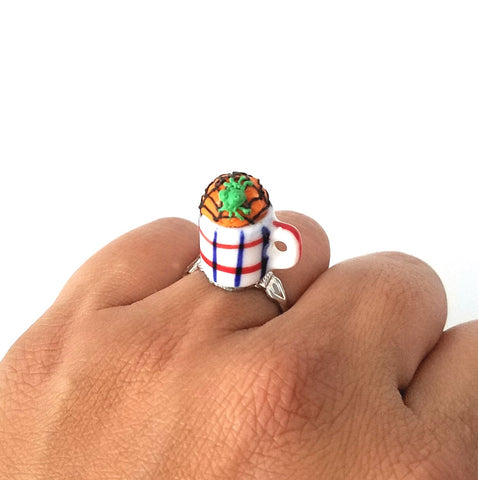 Miniature Halloween Cupcake in Mug Spider Web adjustable ring band