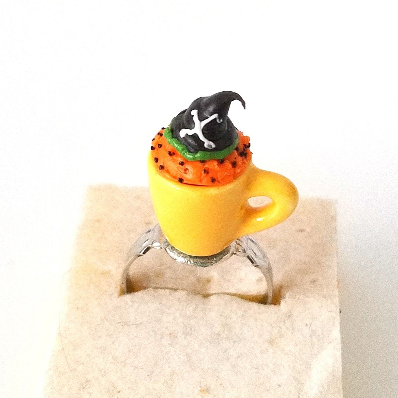 Miniature Halloween Cupcake in Mug Witch Hat ring adjustable