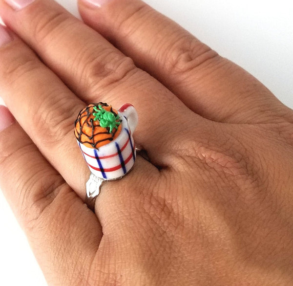 Miniature Halloween Cupcake in Mug Spider Web adjustable ring band