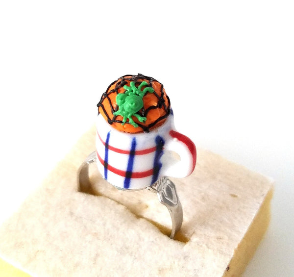 Miniature Halloween Cupcake in Mug Spider Web adjustable ring band