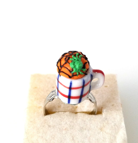 Miniature Halloween Cupcake in Mug Spider Web adjustable ring band