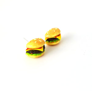 Miniature Cheese Hamburger Fast Food Stud Earrings, Polymer clay, miniature fast food, kawaii, fun, miniature foid jewelry