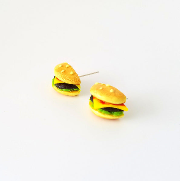 Miniature Cheese Hamburger Fast Food Stud Earrings, Polymer clay, miniature fast food, kawaii, fun, miniature foid jewelry