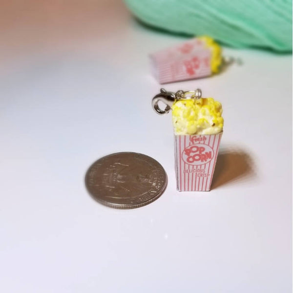 Miniature Movie Popcorn Charm, Miniature food jewelry, Polmer Clay popcorn, Kawaii charms, Food stitch marker