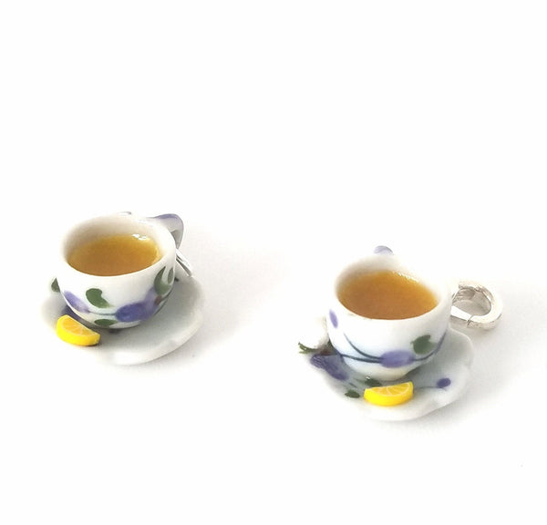 Cup of Hot English Tea Charm- Miniature food jewelry- Tea pendants- Kawaii charms- Polymer clay Charm- lemon slices sugar cubes