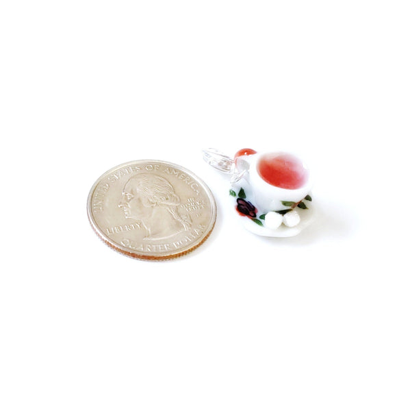 Cup of Hot Rose Tea Charm- Miniature food jewelry- Tea pendants- Kawaii charms- Polymer clay Charm- rose sugar cubes