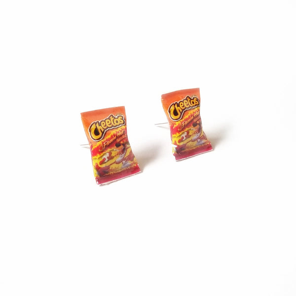 Miniature Cheetos Flaming Hot Earrings, miniature food jewelry, junk food earrings, kawaii, cute, accessories