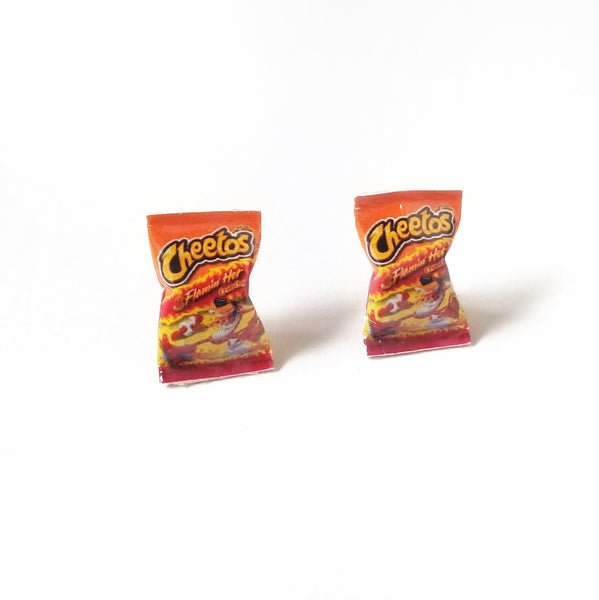 Miniature Cheetos Flaming Hot Earrings, miniature food jewelry, junk food earrings, kawaii, cute, accessories