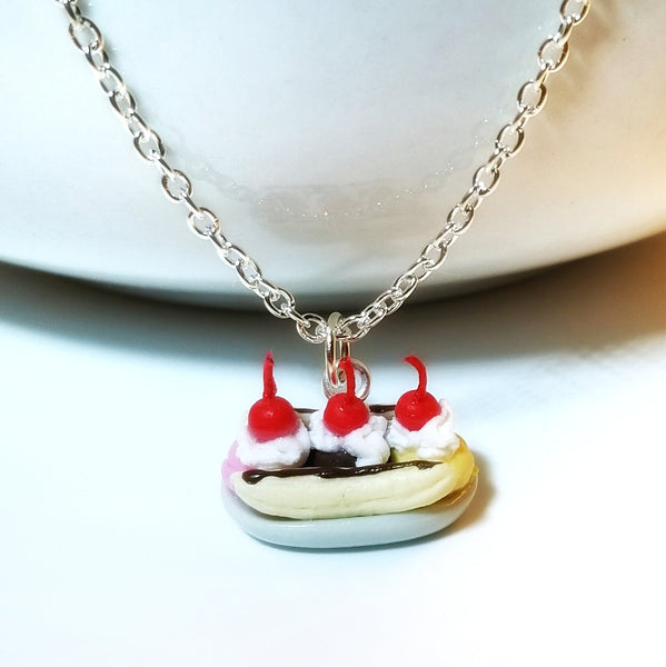 Miniature Food Necklace Banana Split Sundae with Silver Plated Chain, ice cream jewelry, miniature food,