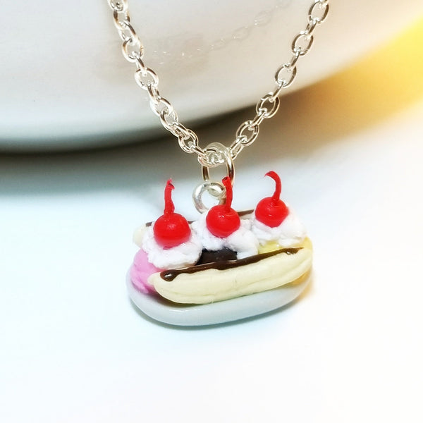 Miniature Food Necklace Banana Split Sundae with Silver Plated Chain, ice cream jewelry, miniature food,