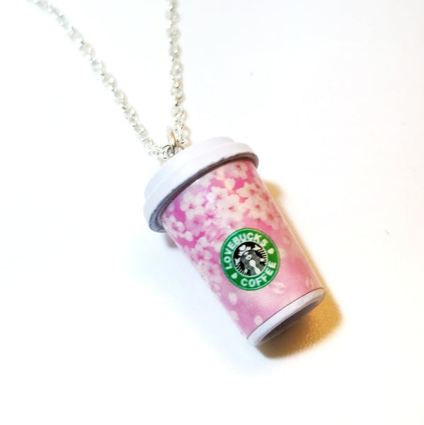 Miniature Food Necklace Starbucks Sakura Cherry Blossom Coffee Cup Silver Plated Linked Chain 24 inches