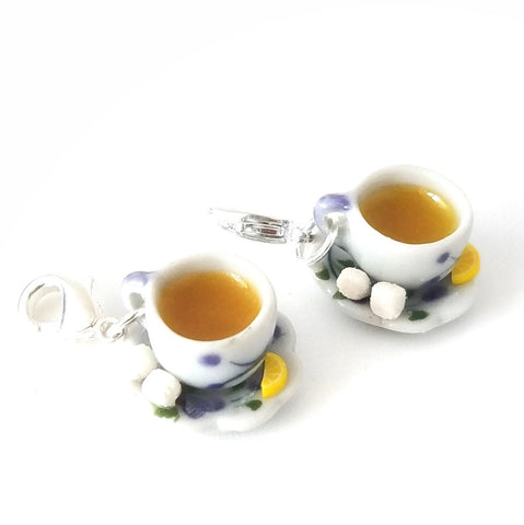 Cup of Hot English Tea Charm- Miniature food jewelry- Tea pendants- Kawaii charms- Polymer clay Charm- lemon slices sugar cubes