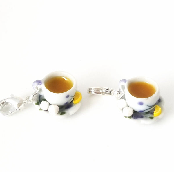 Cup of Hot English Tea Charm- Miniature food jewelry- Tea pendants- Kawaii charms- Polymer clay Charm- lemon slices sugar cubes