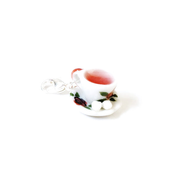 Cup of Hot Rose Tea Charm- Miniature food jewelry- Tea pendants- Kawaii charms- Polymer clay Charm- rose sugar cubes