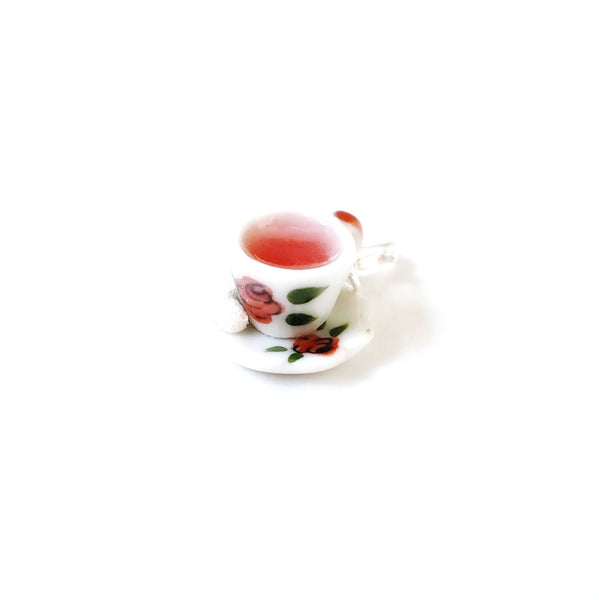 Cup of Hot Rose Tea Charm- Miniature food jewelry- Tea pendants- Kawaii charms- Polymer clay Charm- rose sugar cubes