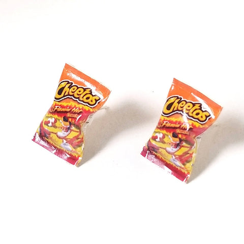 Miniature Cheetos Flaming Hot Earrings, miniature food jewelry, junk food earrings, kawaii, cute, accessories