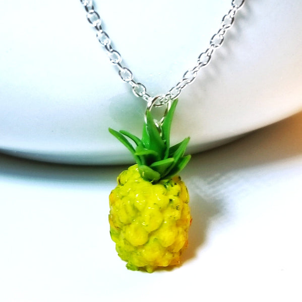 Miniature Food Necklace Fresh Pineapple with Silver Plated Chain, fresh fruit jewelry, miniature food,