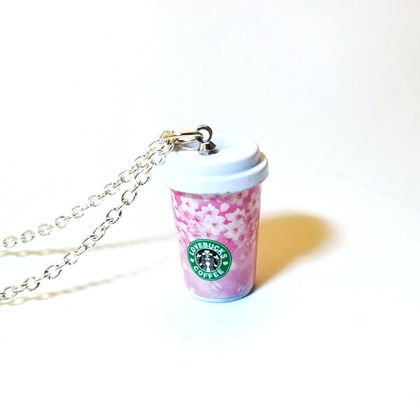 Miniature Food Necklace Starbucks Sakura Cherry Blossom Coffee Cup Silver Plated Linked Chain 24 inches