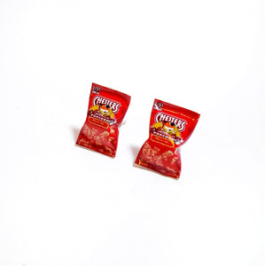 Miniature Cheetos Flaming Hot Popcorn Earrings, miniature food jewelry, junk food earrings, kawaii, cute, accessories