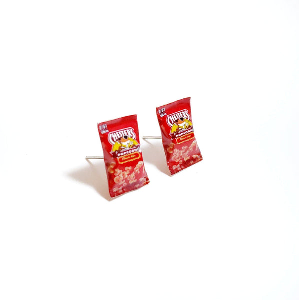 Miniature Cheetos Flaming Hot Popcorn Earrings, miniature food jewelry, junk food earrings, kawaii, cute, accessories