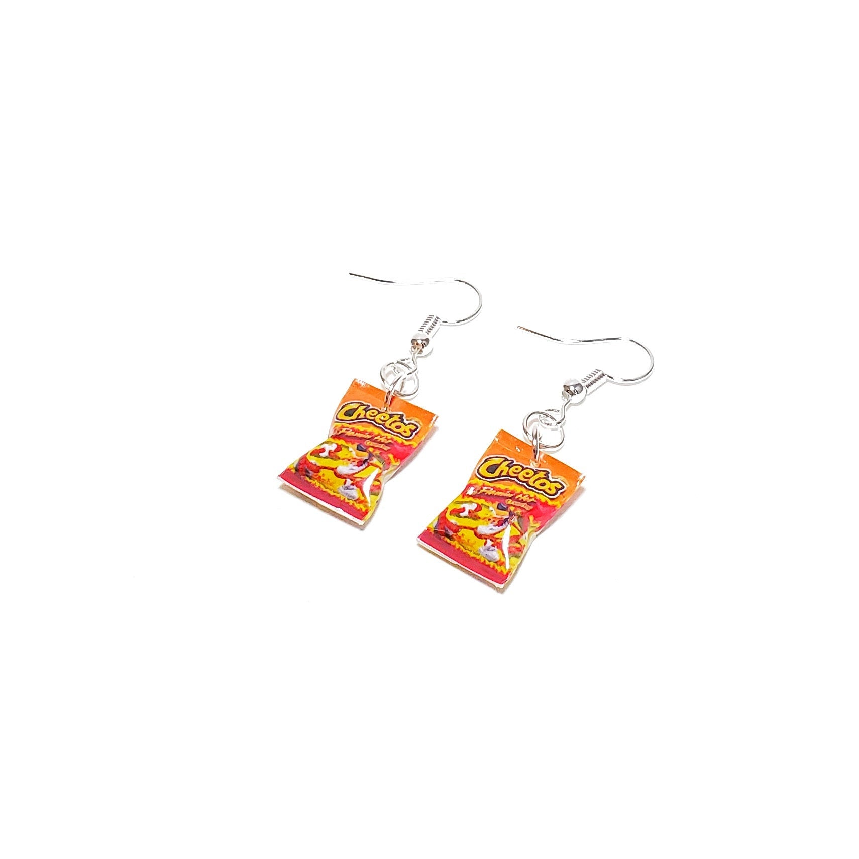 Miniature Cheetos Flaming Hot Dangle Earrings, miniature food jewelry, junk food earrings, kawaii, cute, accessories