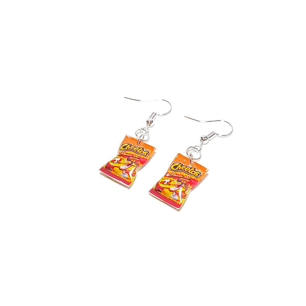 Miniature Cheetos Flaming Hot Dangle Earrings, miniature food jewelry, junk food earrings, kawaii, cute, accessories