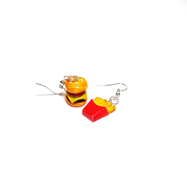 Miniature Cheese Hamburger and French fries Dangle Earrings with Silver Gold Plated Sterling Silver