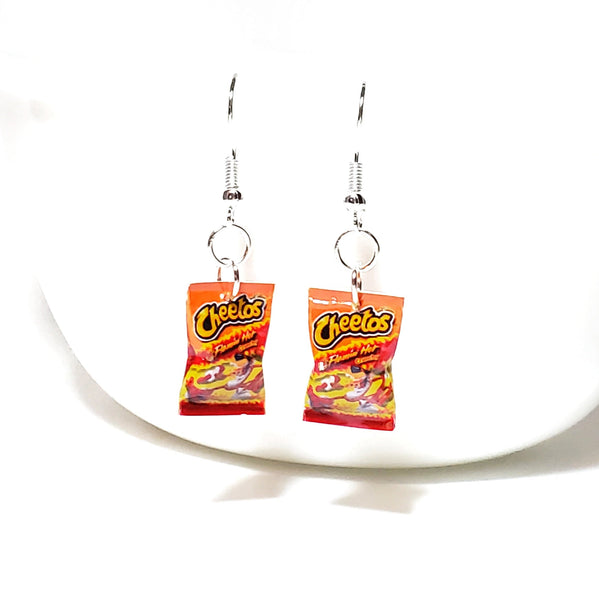 Miniature Cheetos Flaming Hot Dangle Earrings, miniature food jewelry, junk food earrings, kawaii, cute, accessories