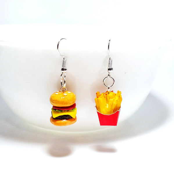 Miniature Cheese Hamburger and French fries Dangle Earrings with Silver Gold Plated Sterling Silver