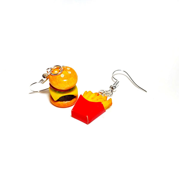 Miniature Cheese Hamburger and French fries Dangle Earrings with Silver Gold Plated Sterling Silver