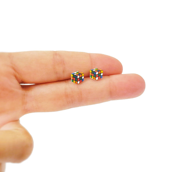 Miniature Rubiks Cube Stud Earrings, shrink plastic