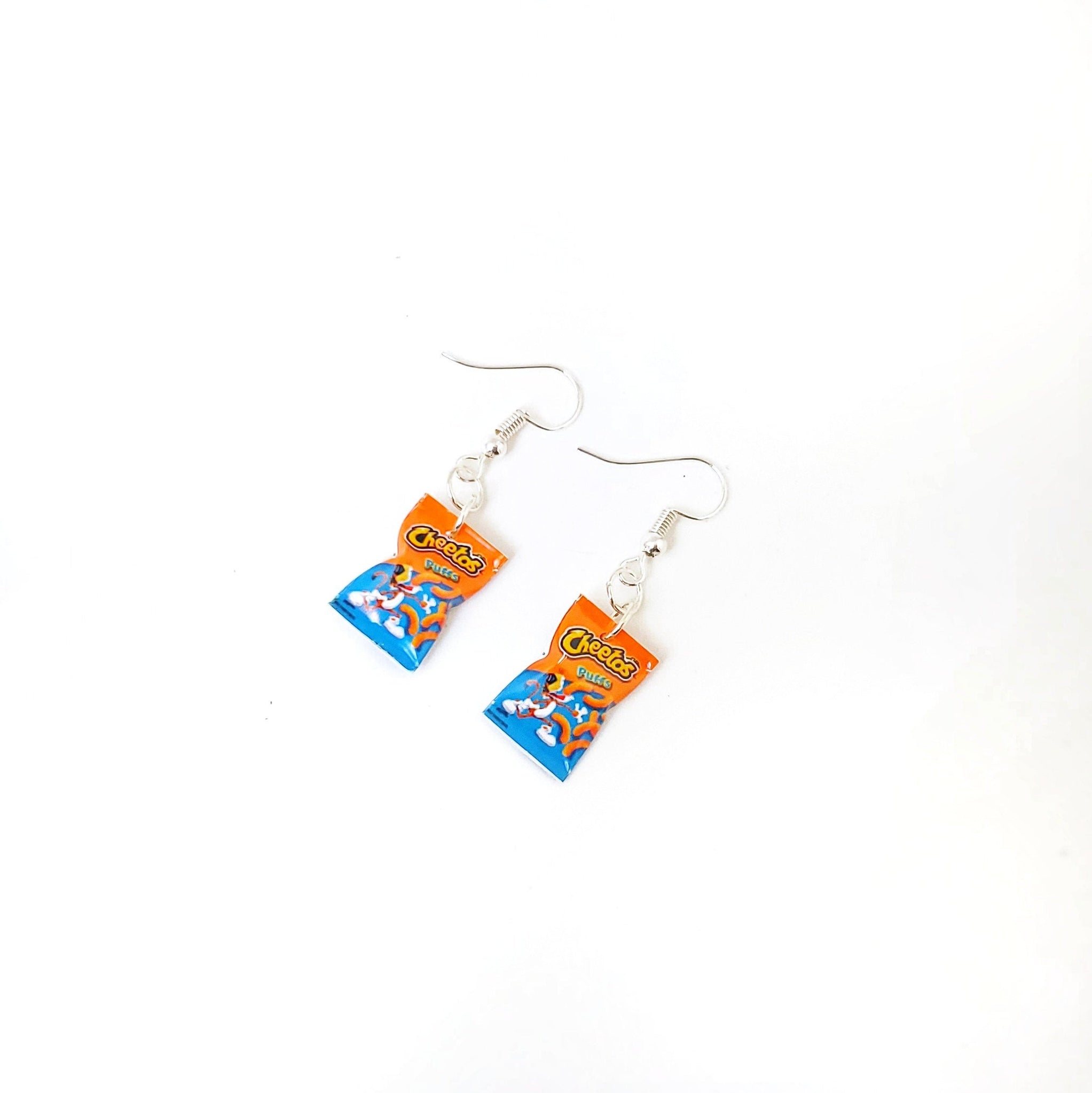 Miniature Cheetos Puff Dangle Earrings, miniature food jewelry, junk food earrings, kawaii, cute, accessories