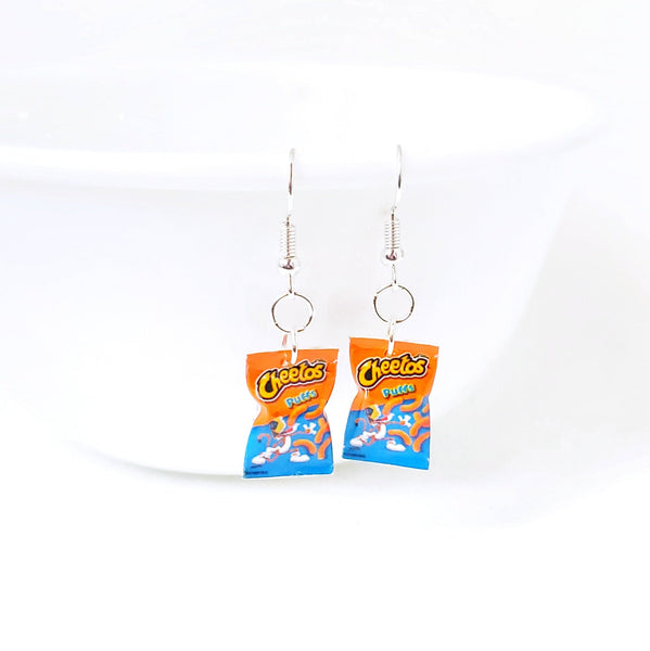 Miniature Cheetos Puff Dangle Earrings, miniature food jewelry, junk food earrings, kawaii, cute, accessories