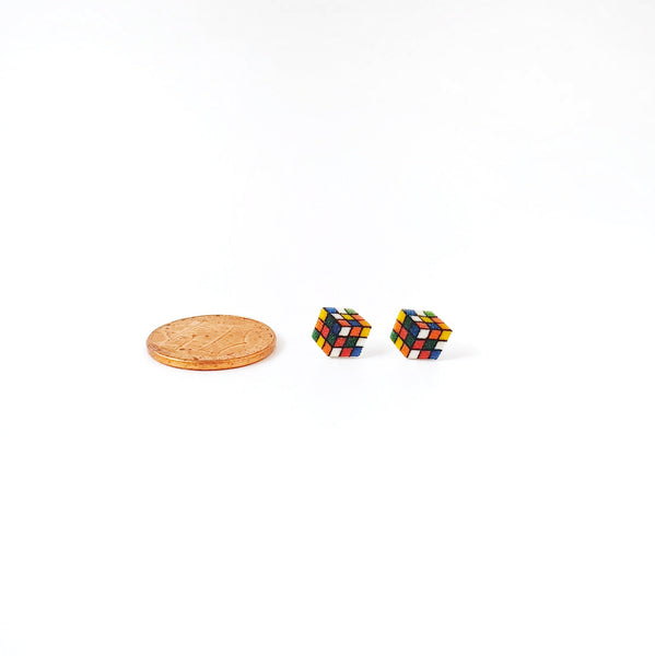 Miniature Rubiks Cube Stud Earrings, shrink plastic